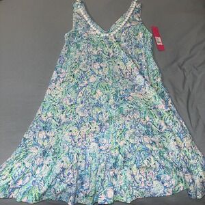 Lilly Pulitzer SMALL Blue Soleil It On Me CAMILLA SWING DRESS PomPoms V-Neck NWT